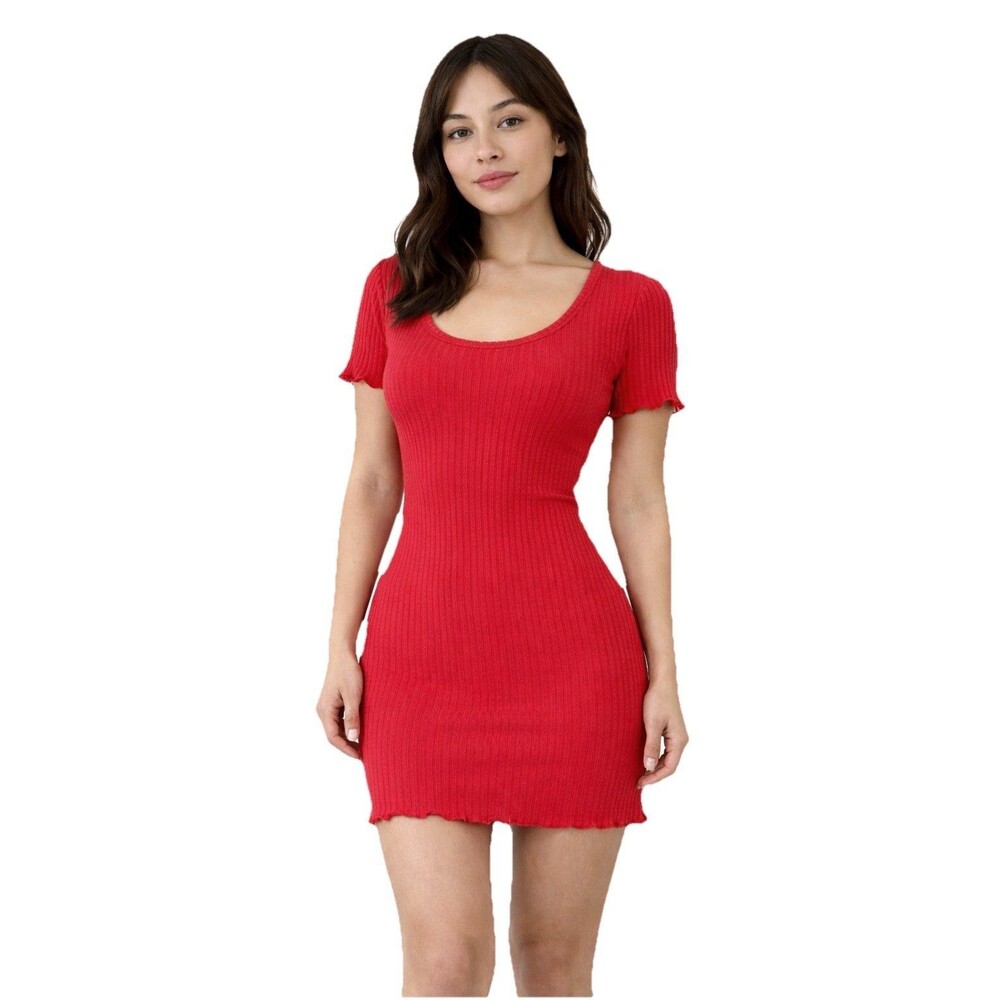 Josie by Natori Red Ribbed Cotton Mini Dress Size P Y2K Coquette Lace Trim Knit